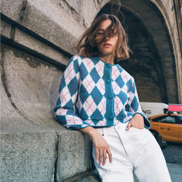 Zara Sweaters - Zara Argyle Knit Jacquard Cardigan M